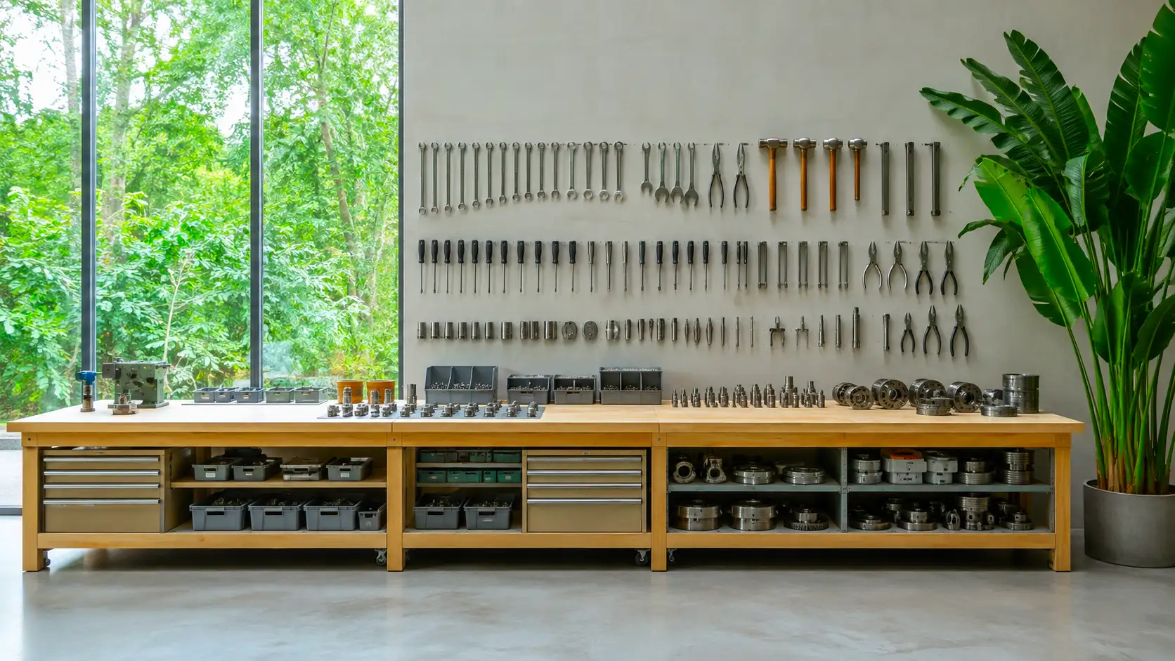 An ordered tool wall above a pale workbench, a glass wall onto greenery beside it