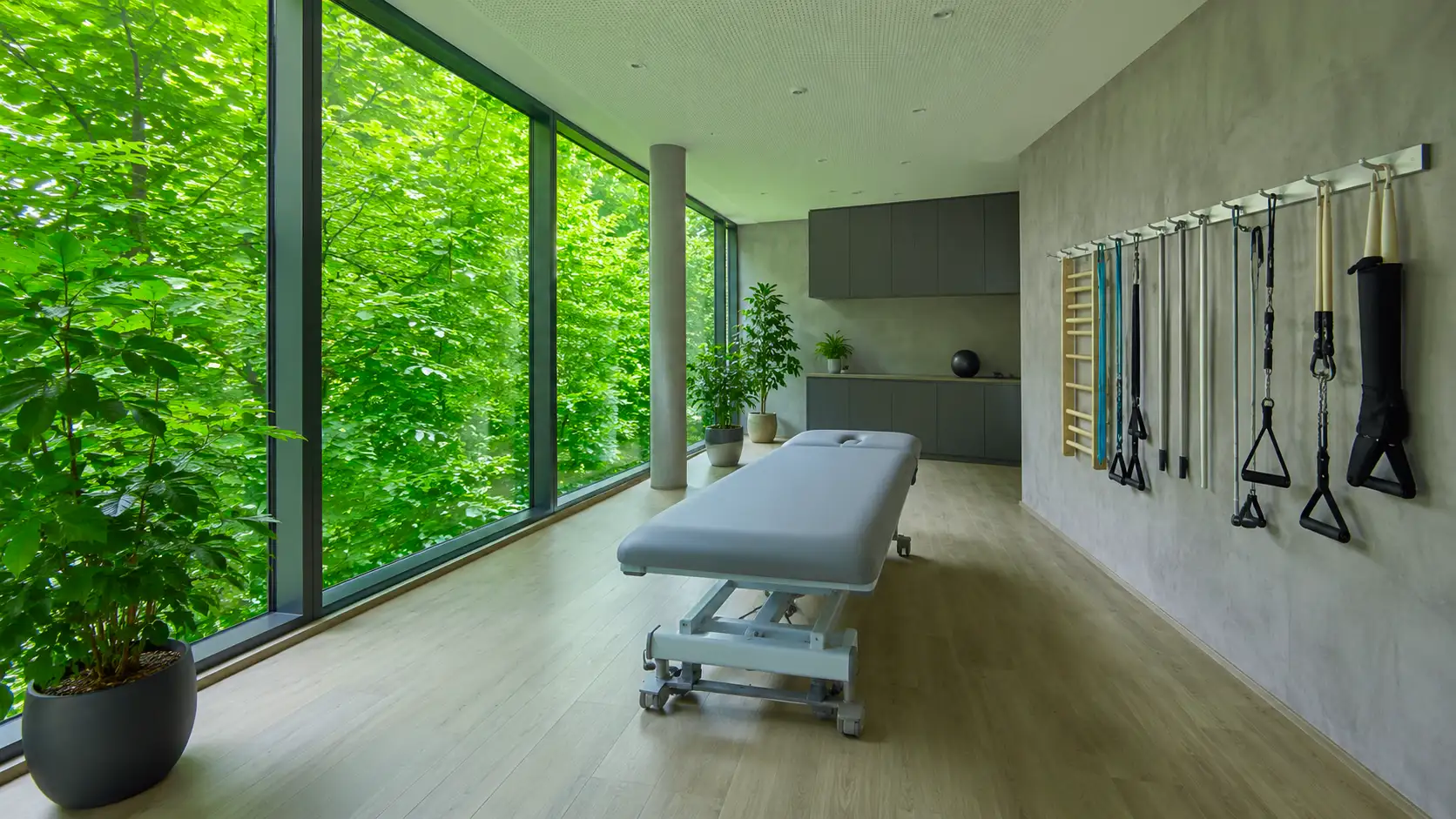 An empty treatment couch in a bright room, exercise equipment on a wall rail, a glass wall onto greenery