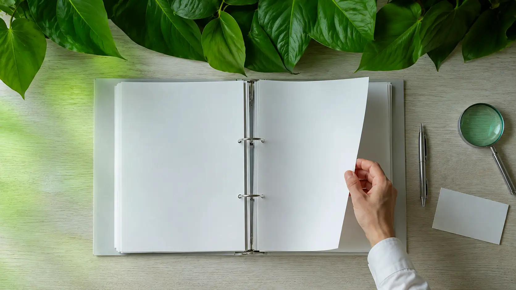 Aufsicht auf ein aufgeschlagenes Dokument, eine Hand schlägt ein Blatt um